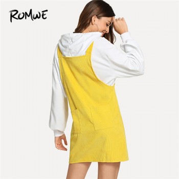 Dungaree Dress With Pocket Summer Yellow Sleeveless Straps Short Dress